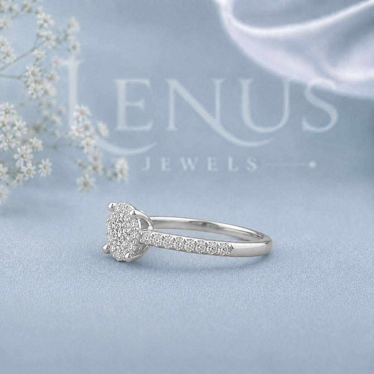 Cushion Cluster Moissanite Engagement Ring – Pavé Halo 925 Sterling Silver