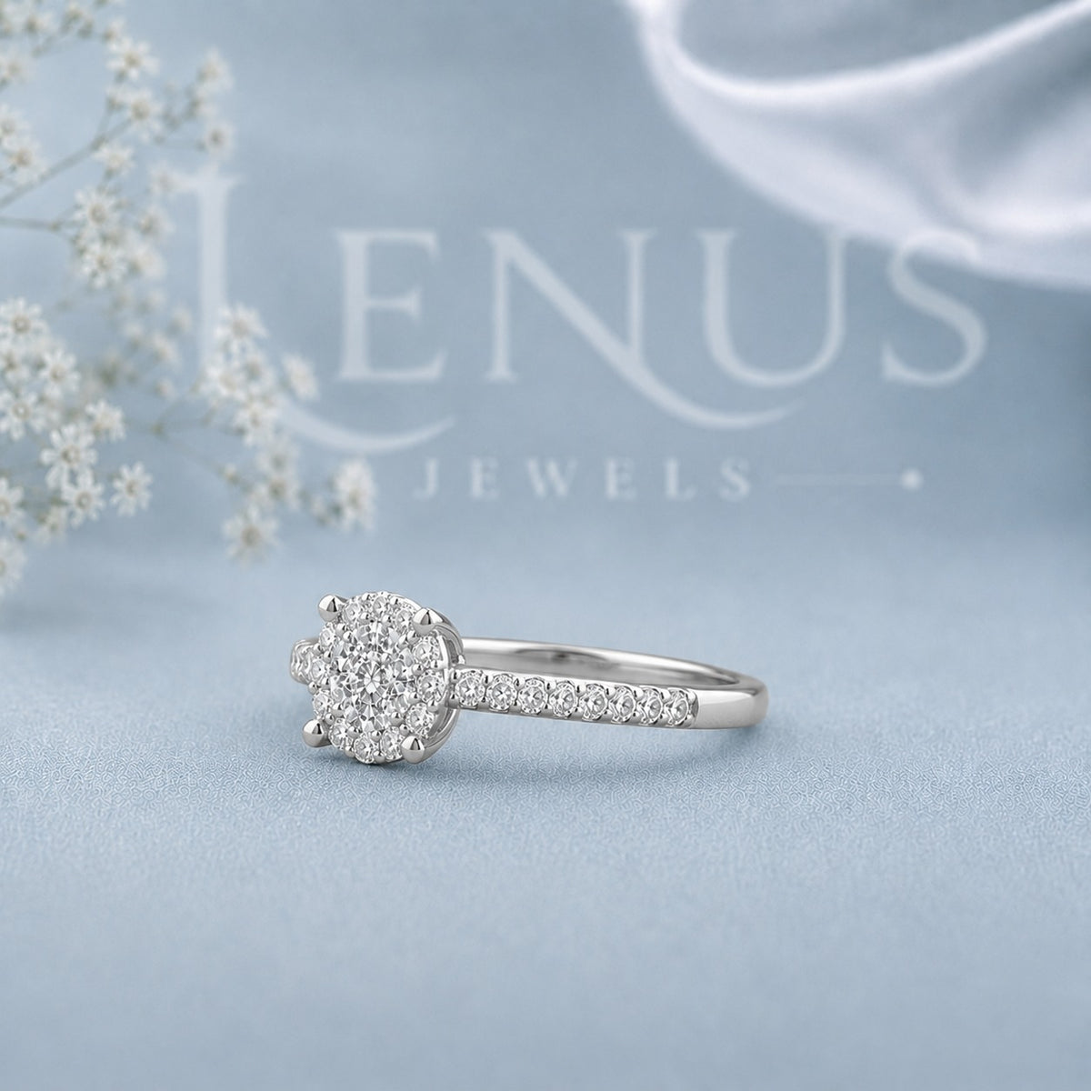 Cushion Cluster Moissanite Engagement Ring – Pavé Halo 925 Sterling Silver