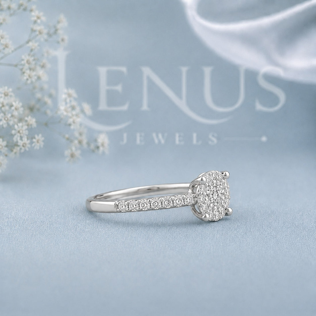 Cushion Cluster Moissanite Engagement Ring – Pavé Halo 925 Sterling Silver