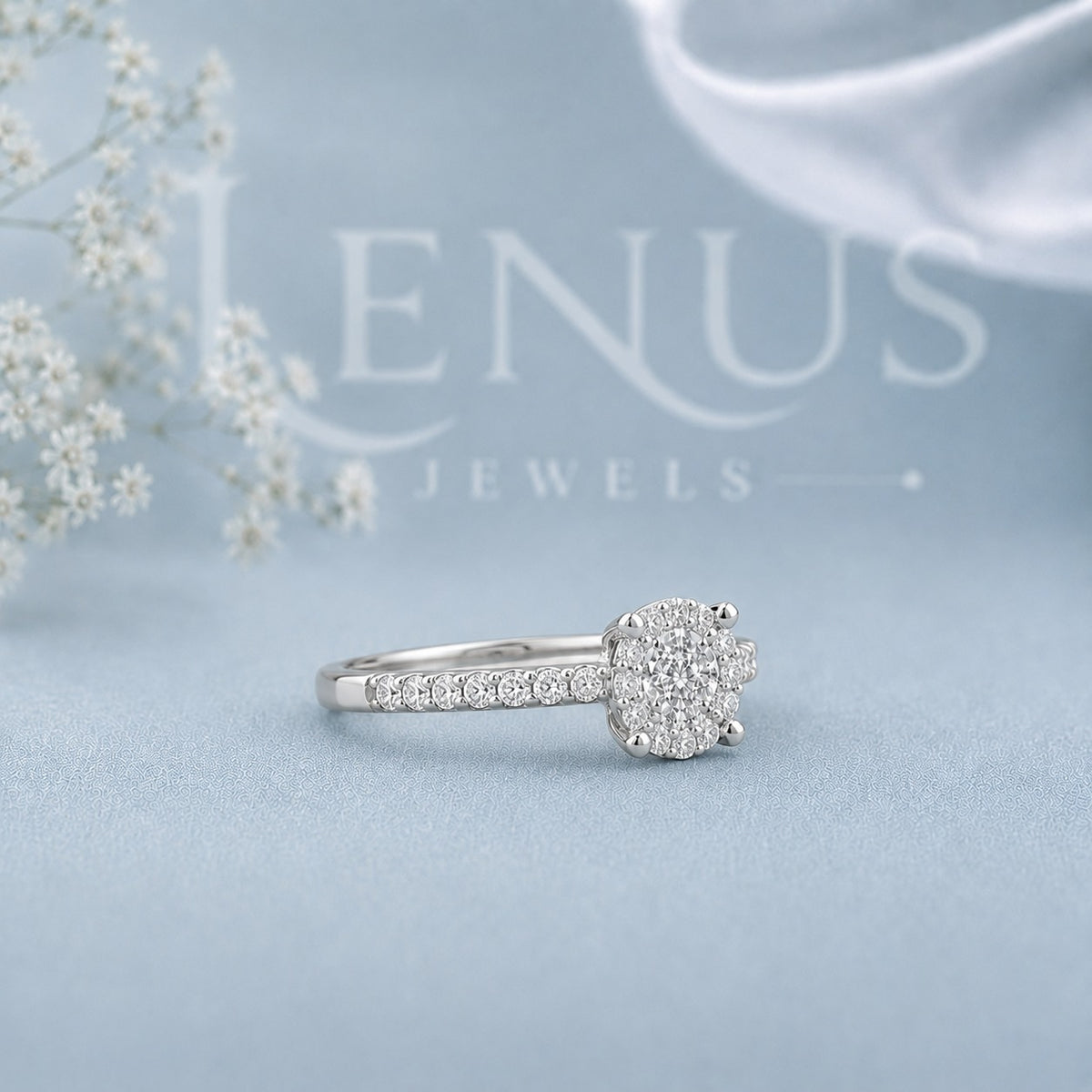 Cushion Cluster Moissanite Engagement Ring – Pavé Halo 925 Sterling Silver