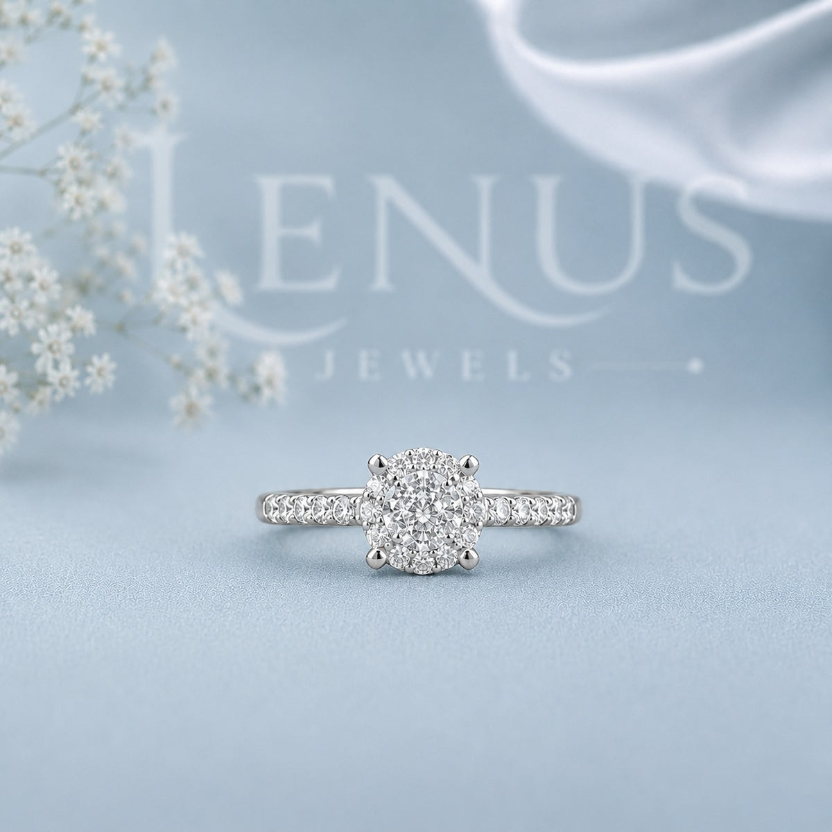 Cushion Cluster Moissanite Engagement Ring – Pavé Halo 925 Sterling Silver