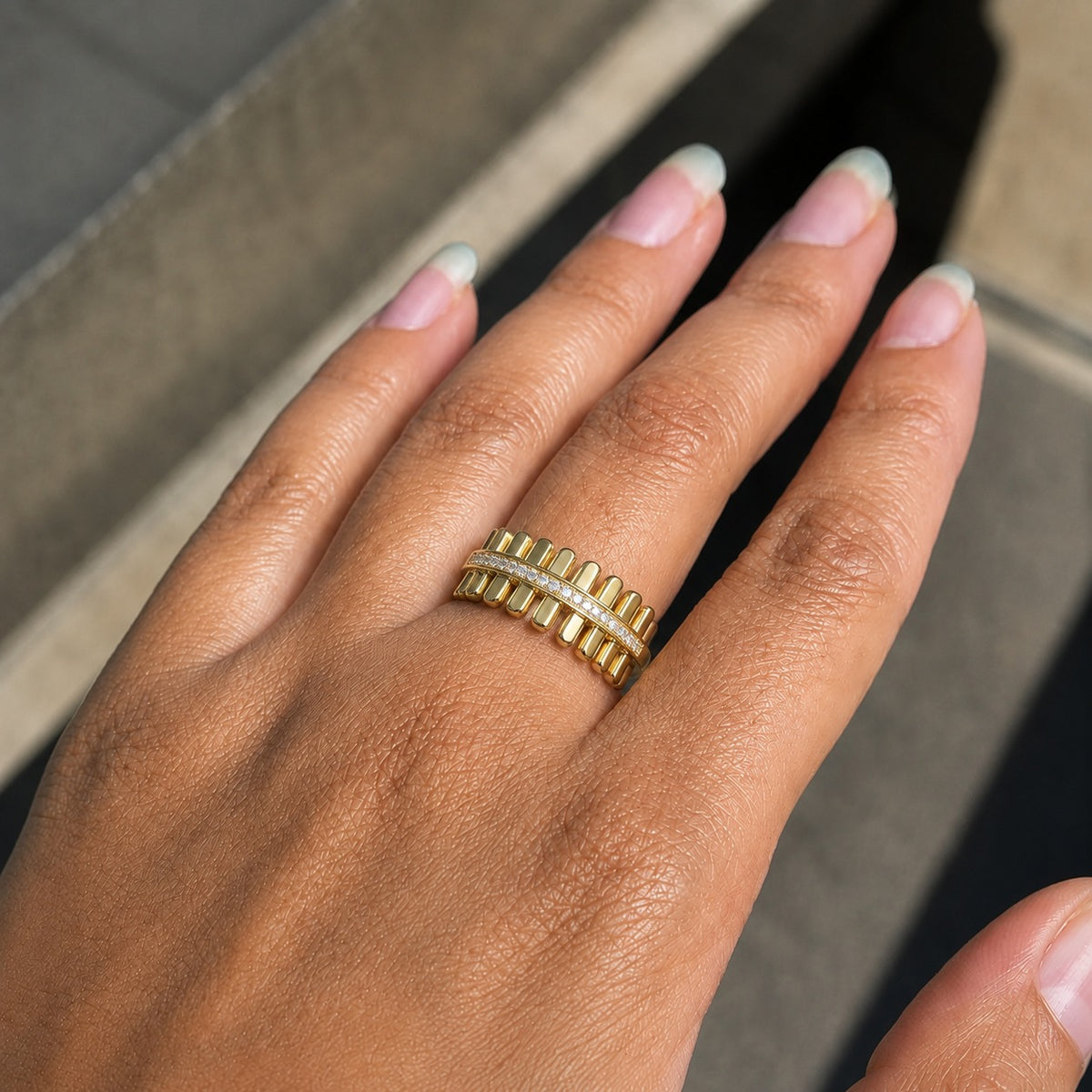 Gold Bar Moissanite Ring – Pavé Architectural Ladder Band