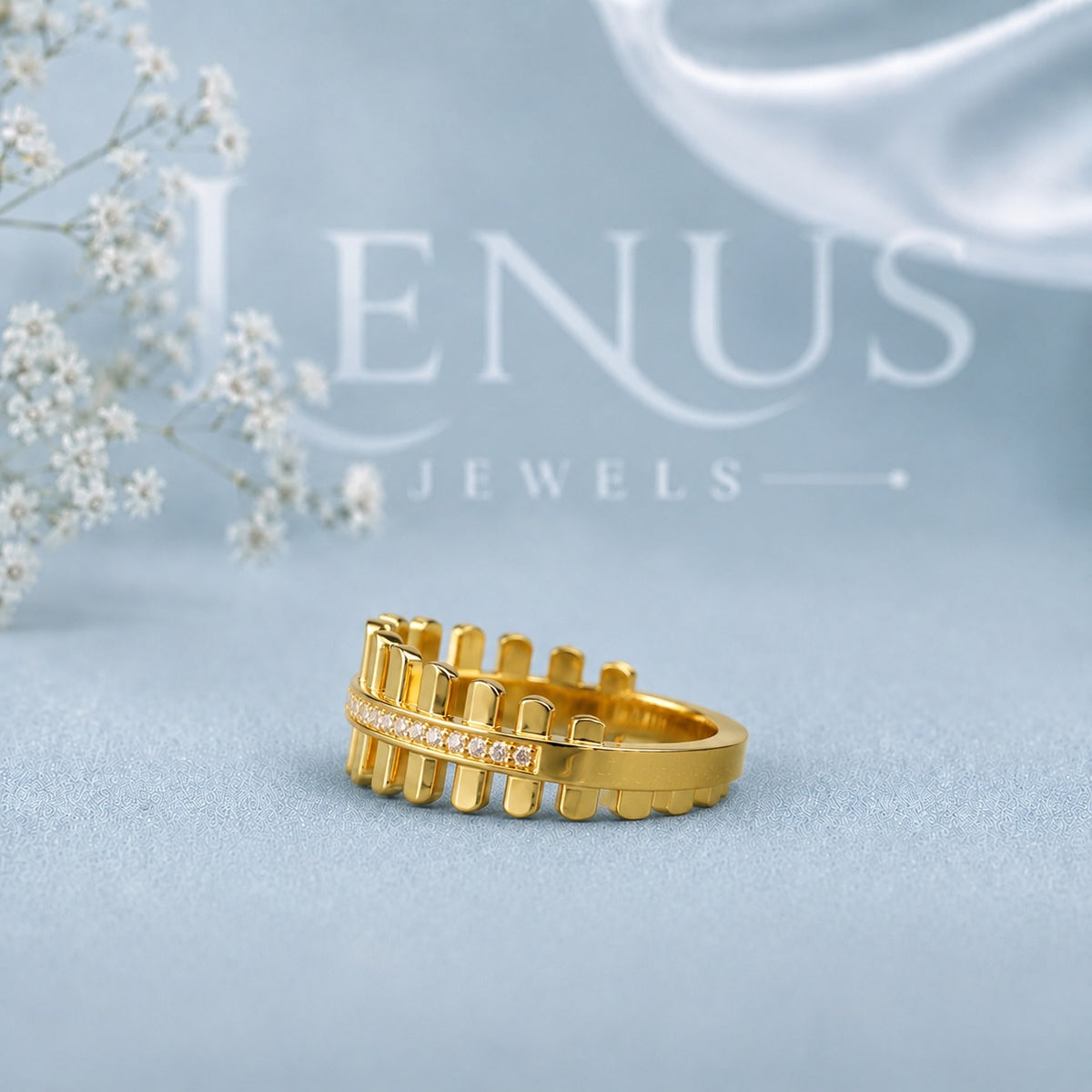 Gold Bar Moissanite Ring – Pavé Architectural Ladder Band