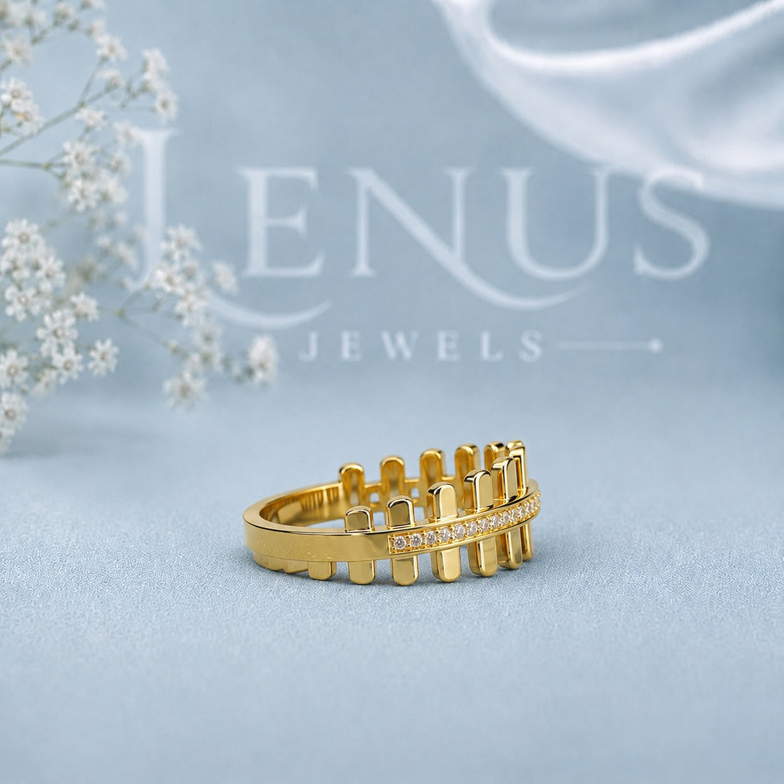 Gold Bar Moissanite Ring – Pavé Architectural Ladder Band