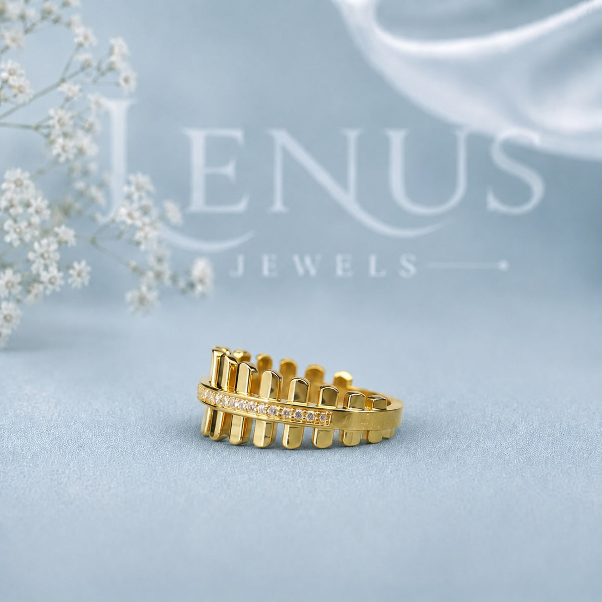 Gold Bar Moissanite Ring – Pavé Architectural Ladder Band