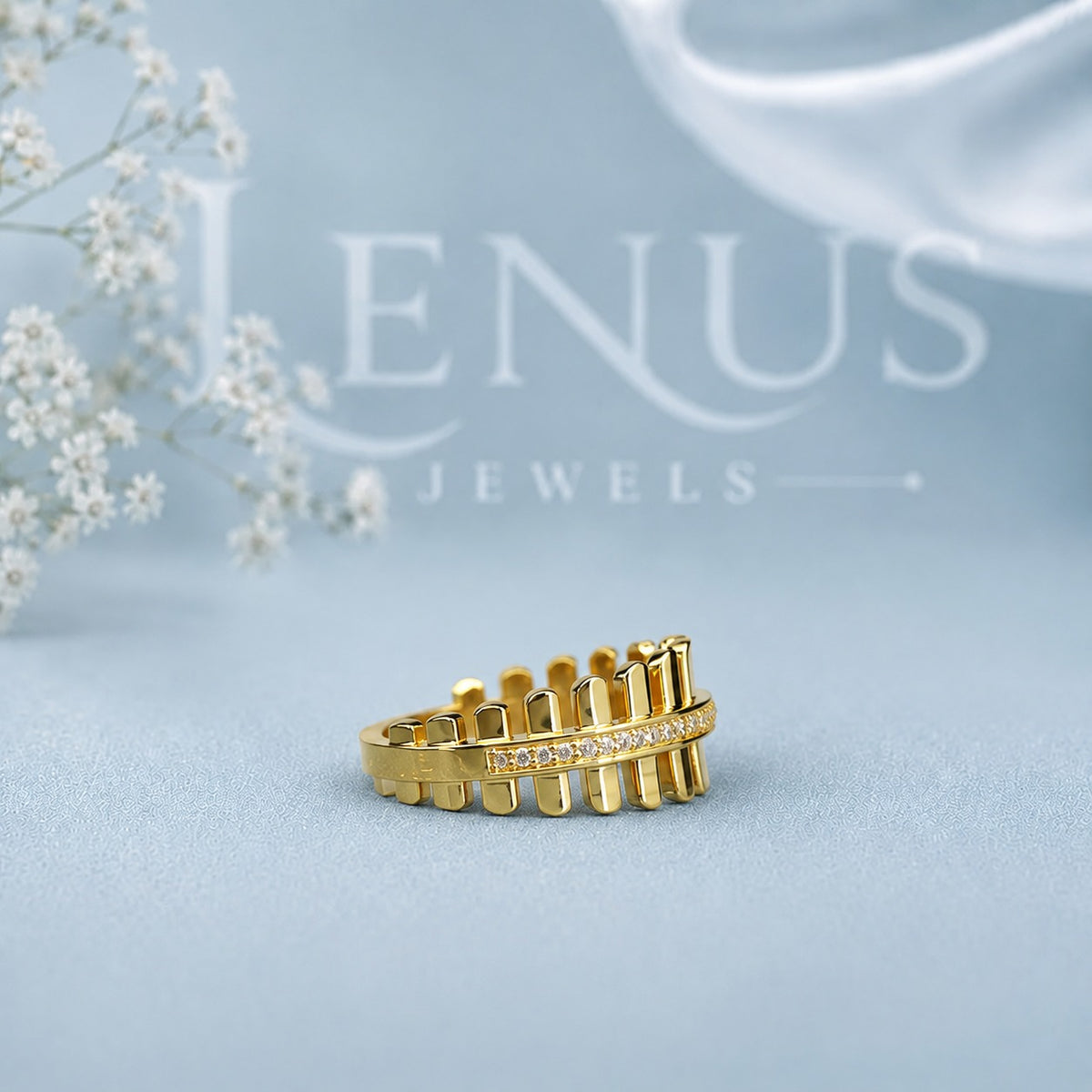 Gold Bar Moissanite Ring – Pavé Architectural Ladder Band