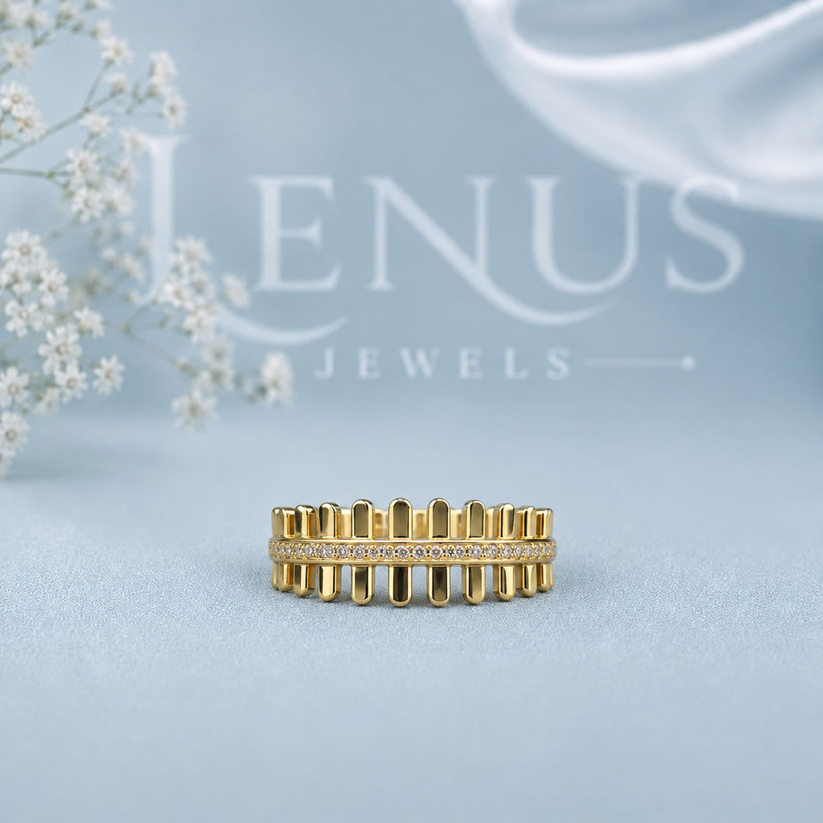 Gold Bar Moissanite Ring – Pavé Architectural Ladder Band