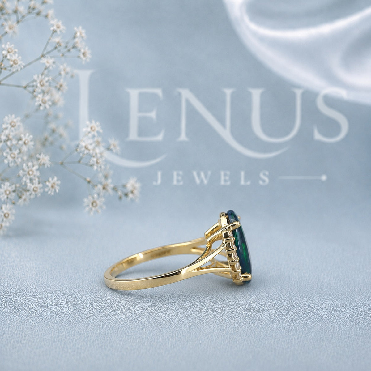 GreenOpal and Moissanite Halo Ring – Oval Green Fire Gemstone Ring in 925 Sterling Silver