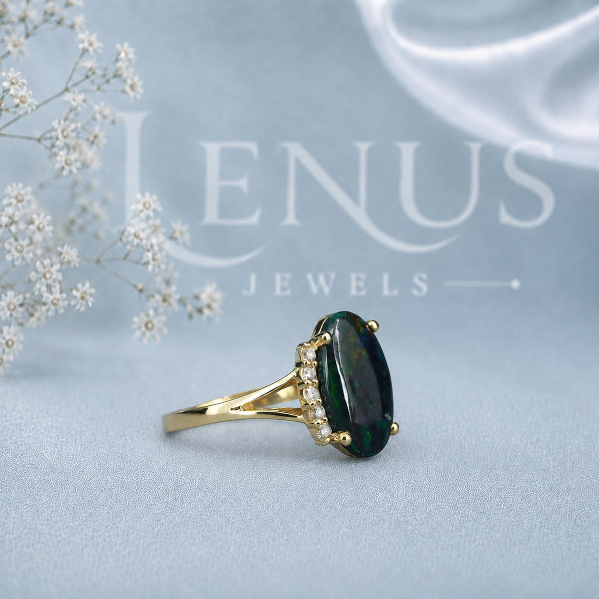 GreenOpal and Moissanite Halo Ring – Oval Green Fire Gemstone Ring in 925 Sterling Silver