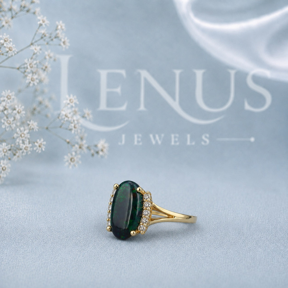 GreenOpal and Moissanite Halo Ring – Oval Green Fire Gemstone Ring in 925 Sterling Silver