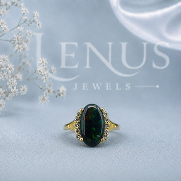 GreenOpal and Moissanite Halo Ring – Oval Green Fire Gemstone Ring in 925 Sterling Silver