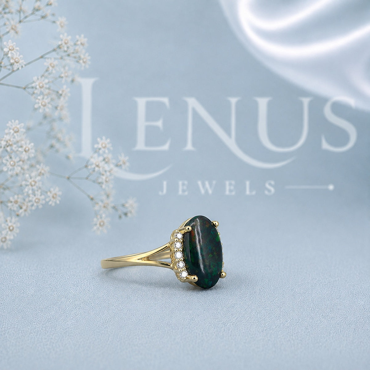 GreenOpal and Moissanite Halo Ring – Oval Green Fire Gemstone Ring in 925 Sterling Silver