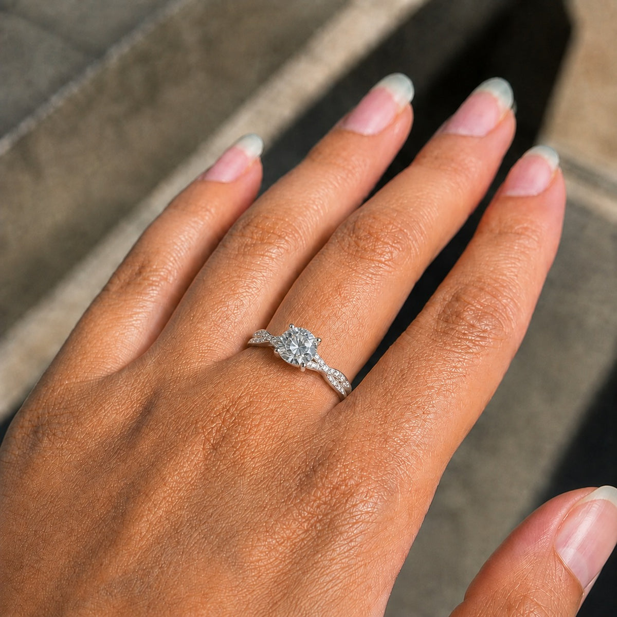 Round-Cut Moissanite Engagement Ring – Six-Prong Split-Shank Pavé Ring in 925 Sterling Silver