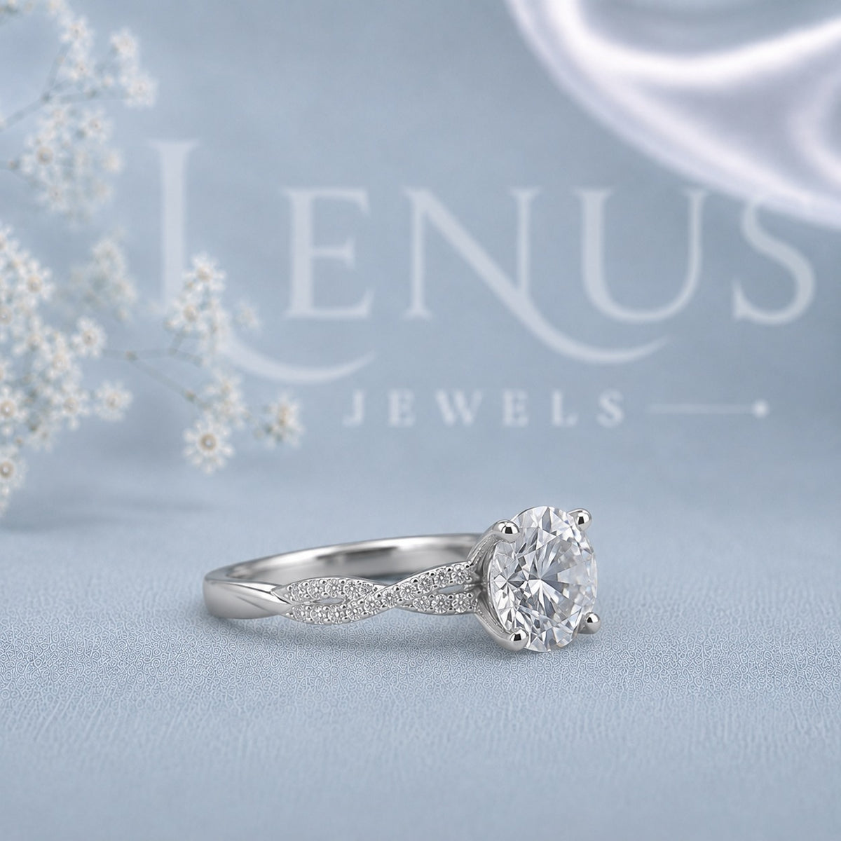 Round-Cut Moissanite Engagement Ring – Six-Prong Split-Shank Pavé Ring in 925 Sterling Silver
