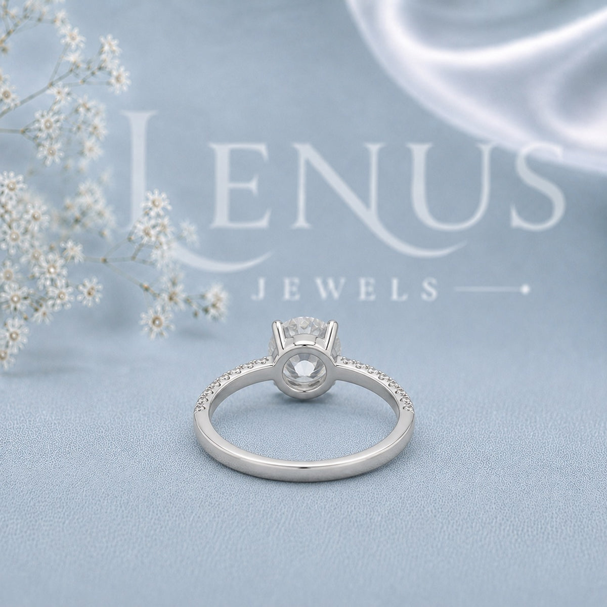 Round Cut Moissanite Engagement Ring with Pavé Band – Six-Prong Solitaire Ring