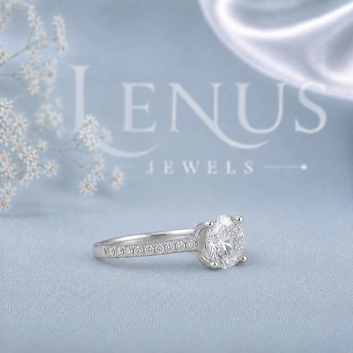 Round Cut Moissanite Engagement Ring with Pavé Band – Six-Prong Solitaire Ring