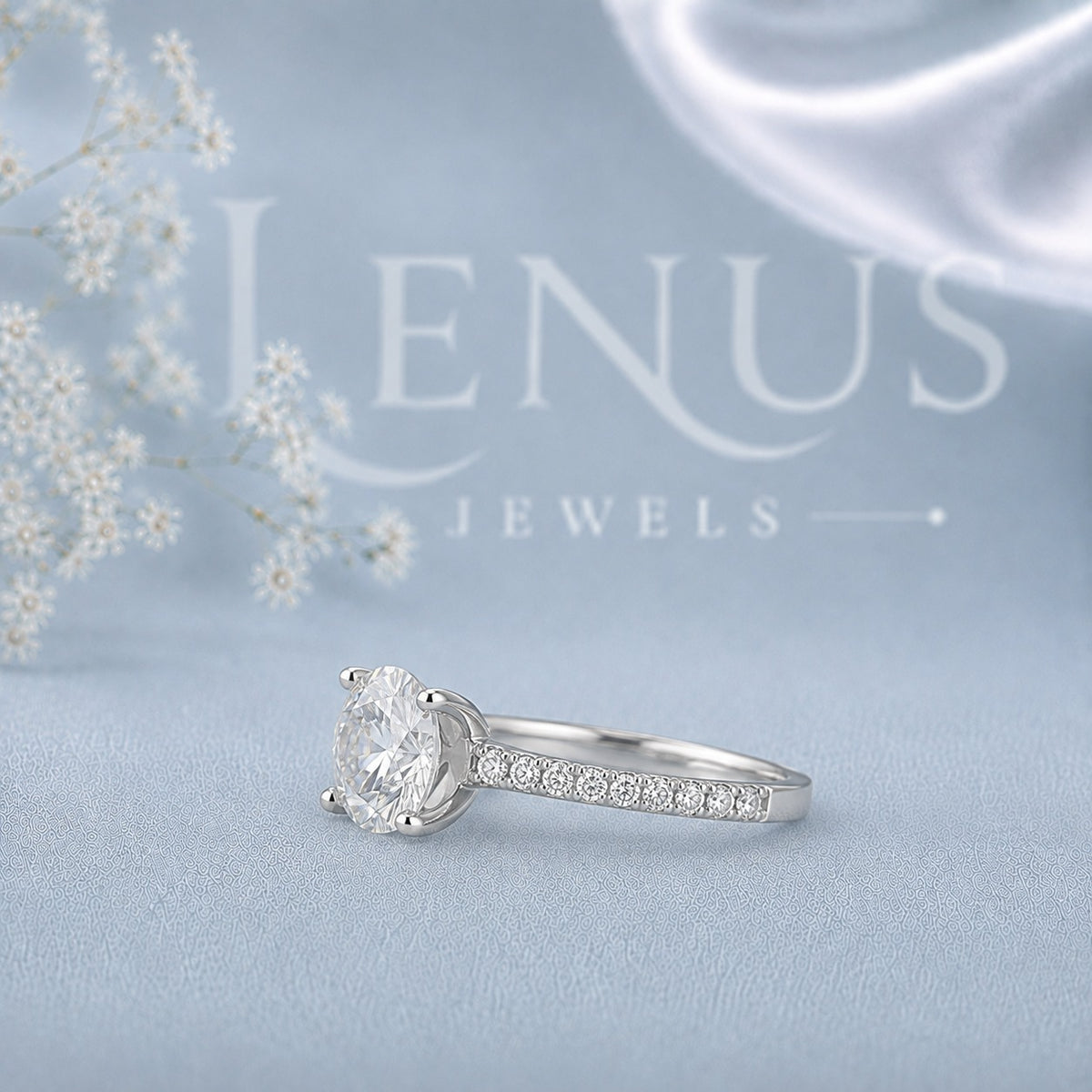 Round Cut Moissanite Engagement Ring with Pavé Band – Six-Prong Solitaire Ring