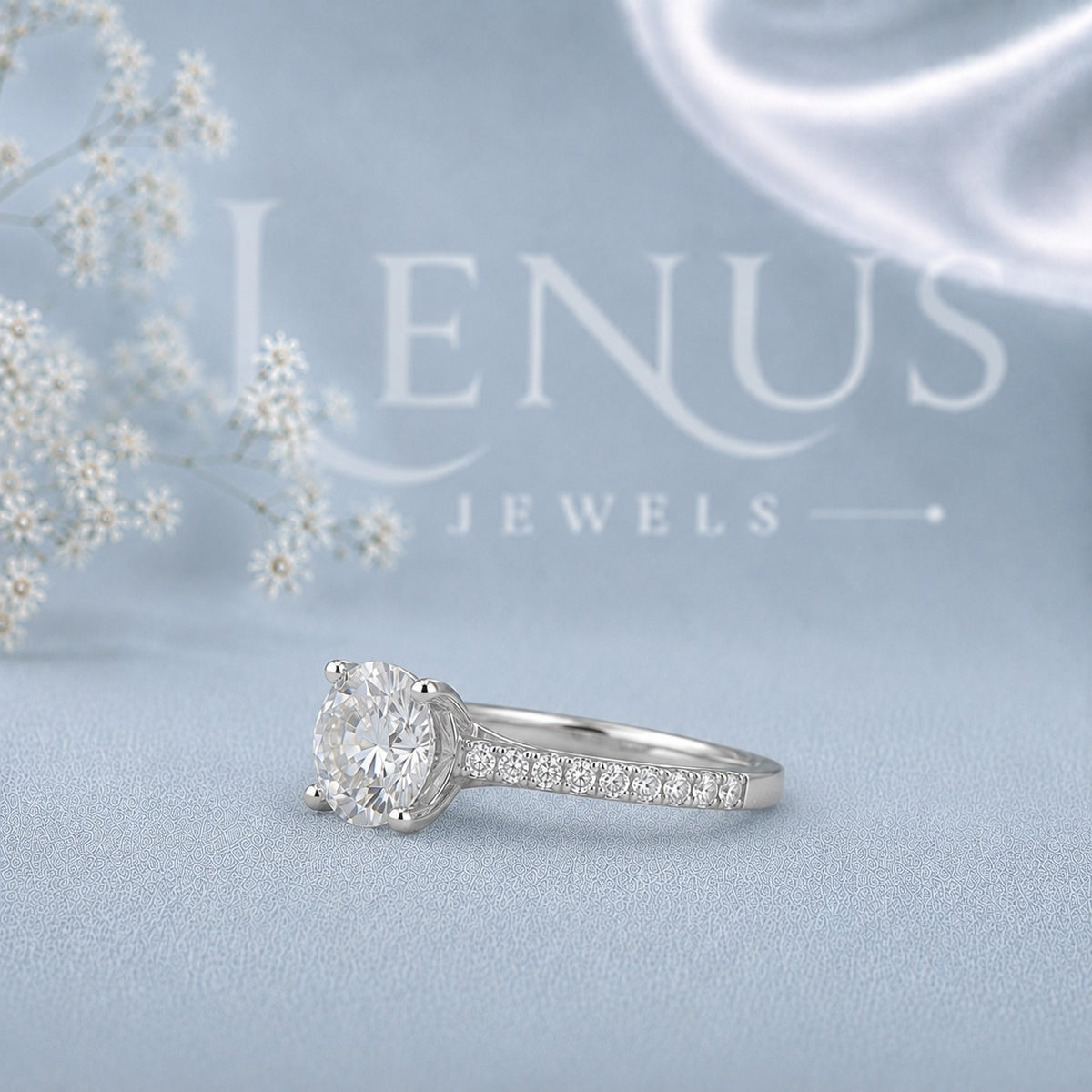 Round Cut Moissanite Engagement Ring with Pavé Band – Six-Prong Solitaire Ring