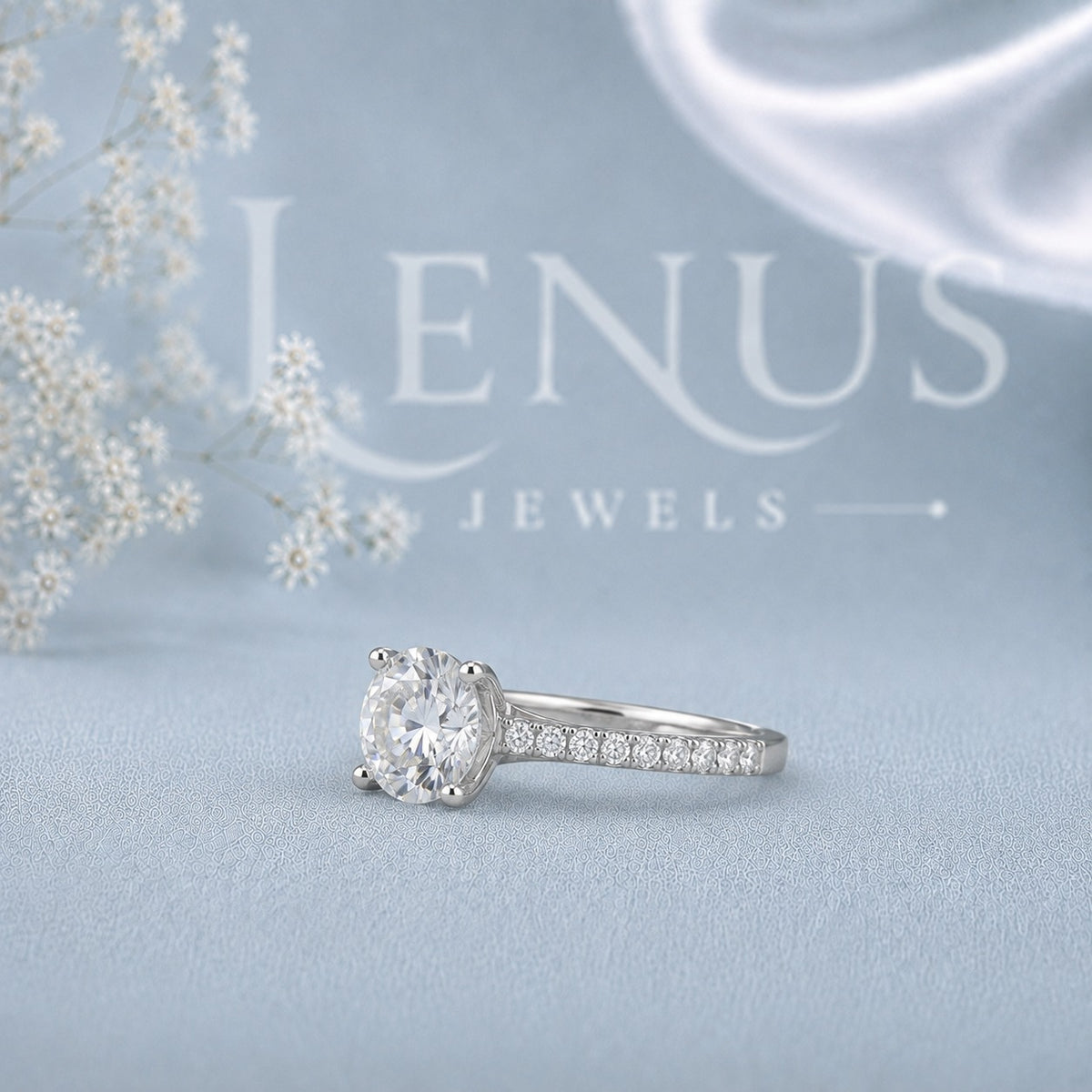 Round Cut Moissanite Engagement Ring with Pavé Band – Six-Prong Solitaire Ring
