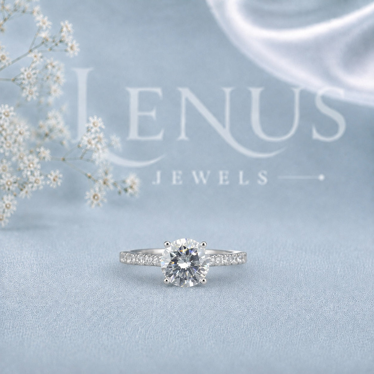 Round Cut Moissanite Engagement Ring with Pavé Band – Six-Prong Solitaire Ring