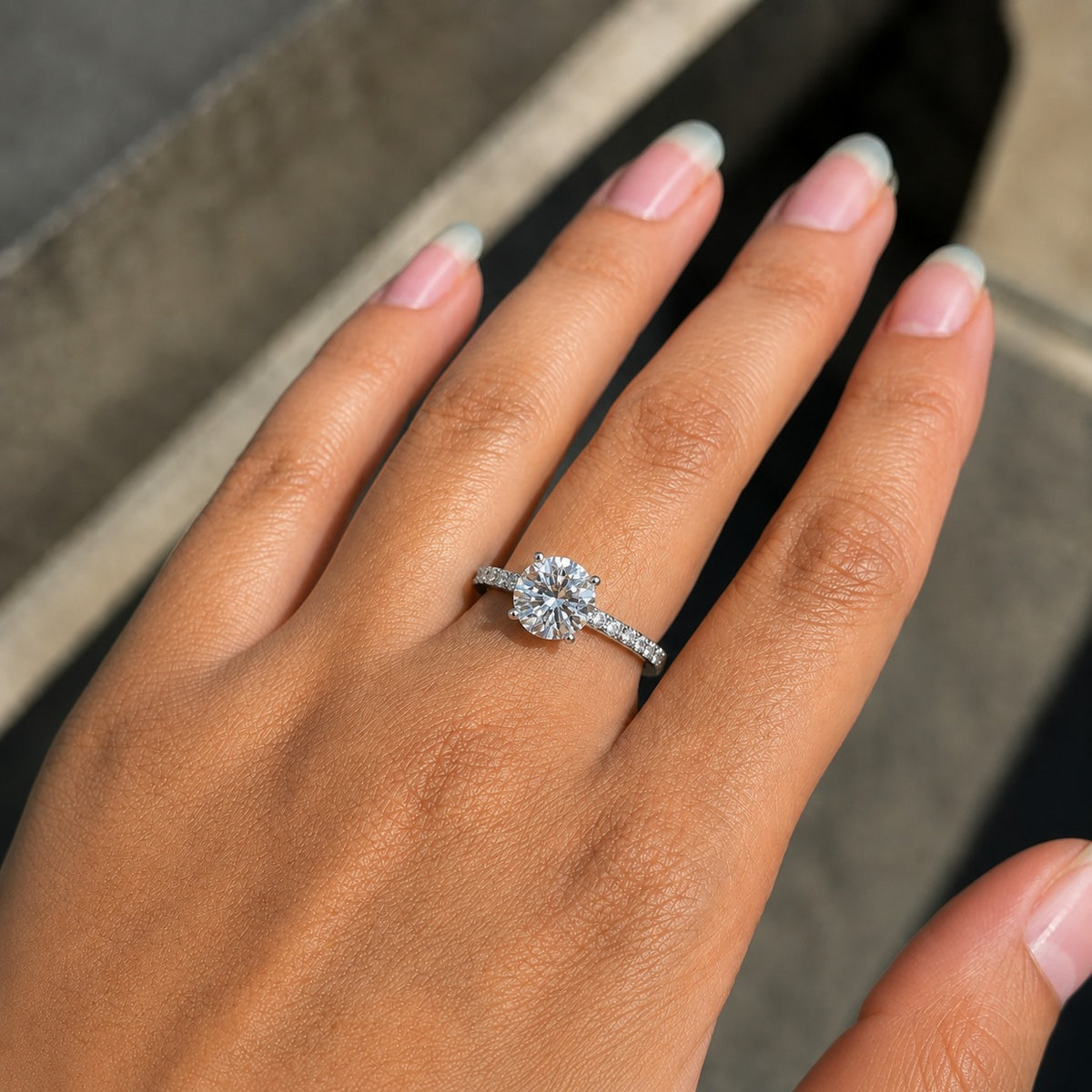 Round Cut Moissanite Engagement Ring with Pavé Band – Six-Prong Solitaire Ring