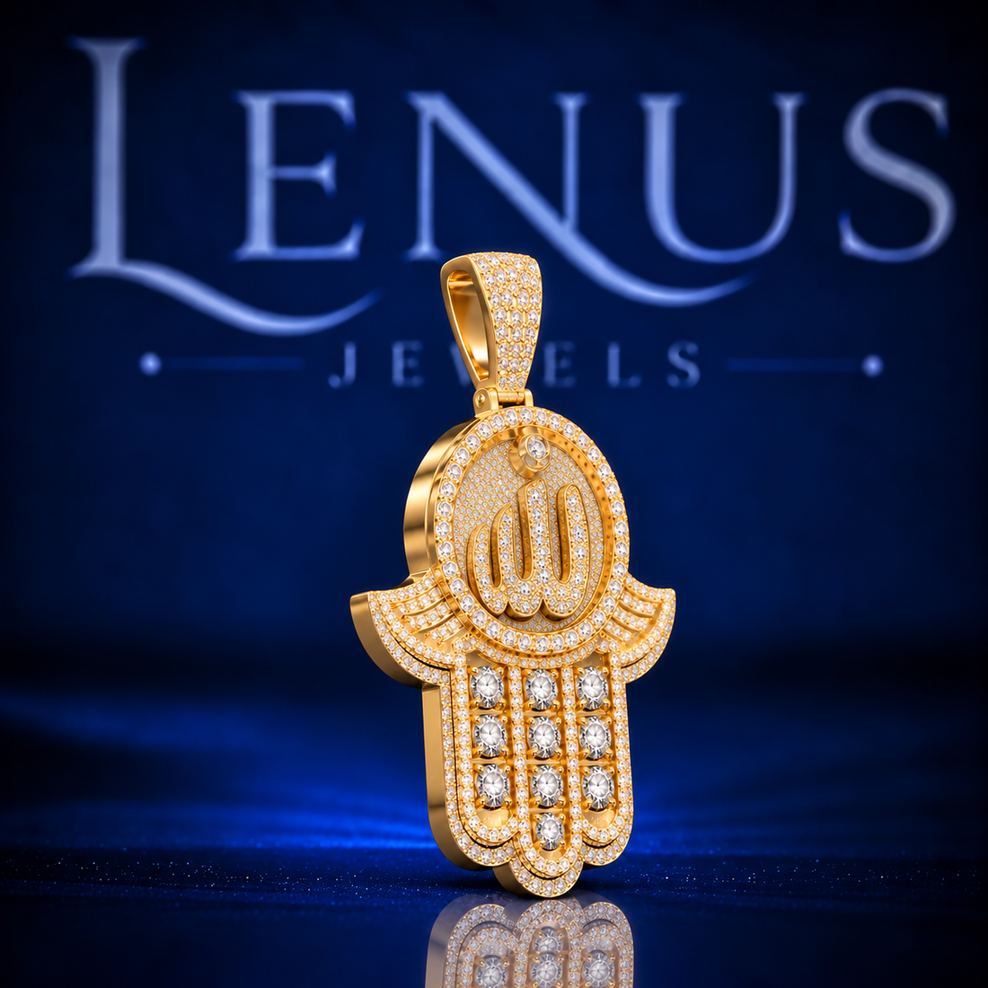 Allah Hamsa Hand Moissanite Pendant – VVS 925 Sterling Silver Gold Finish Iced Out Islamic Hand of Fatima Pendant