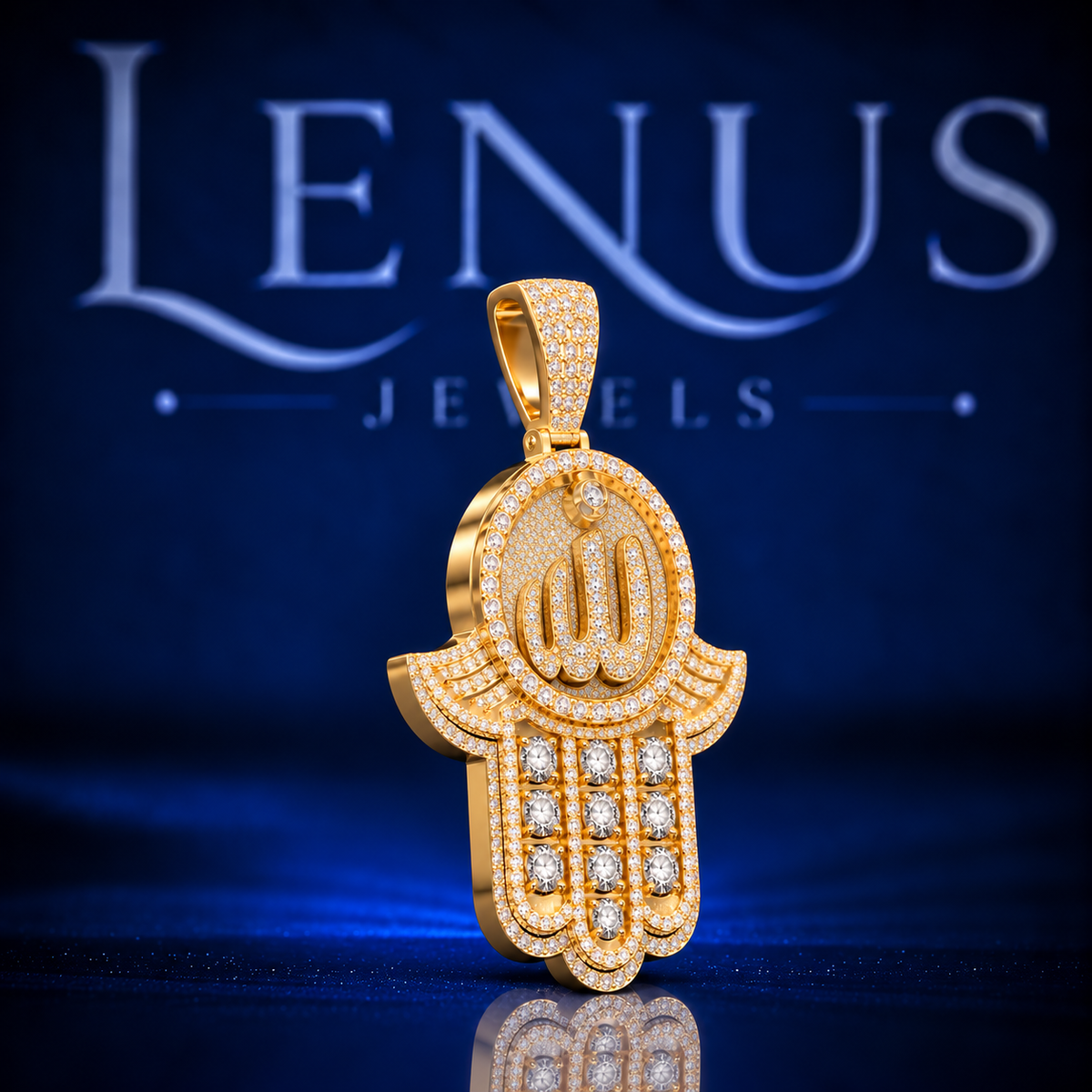 Allah Hamsa Hand Moissanite Pendant – VVS 925 Sterling Silver Gold Finish Iced Out Islamic Hand of Fatima Pendant