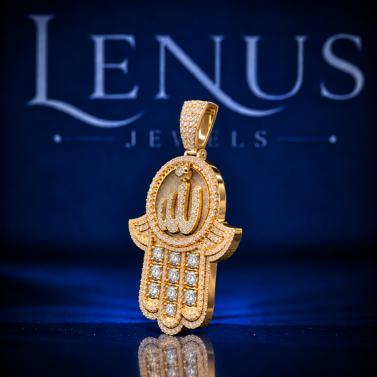 Allah Hamsa Hand Moissanite Pendant – VVS 925 Sterling Silver Gold Finish Iced Out Islamic Hand of Fatima Pendant