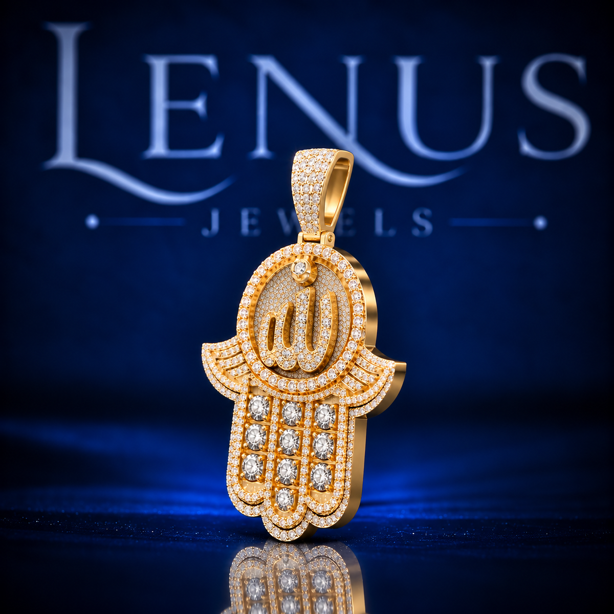 Allah Hamsa Hand Moissanite Pendant – VVS 925 Sterling Silver Gold Finish Iced Out Islamic Hand of Fatima Pendant