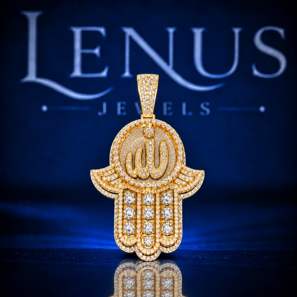 Allah Hamsa Hand Moissanite Pendant – VVS 925 Sterling Silver Gold Finish Iced Out Islamic Hand of Fatima Pendant
