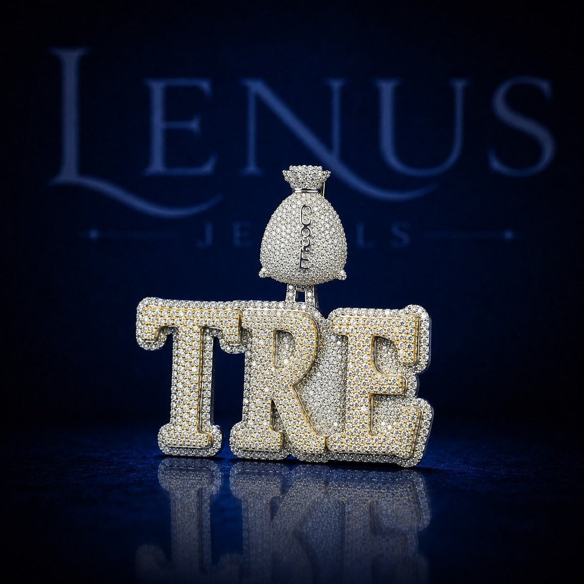 Custom TRE Iced Out Moissanite Pendant – 925 Sterling Silver VVS Two Tone Gold 3D Block Letter Nameplate with Money Bag Bail Hip Hop Jewelry