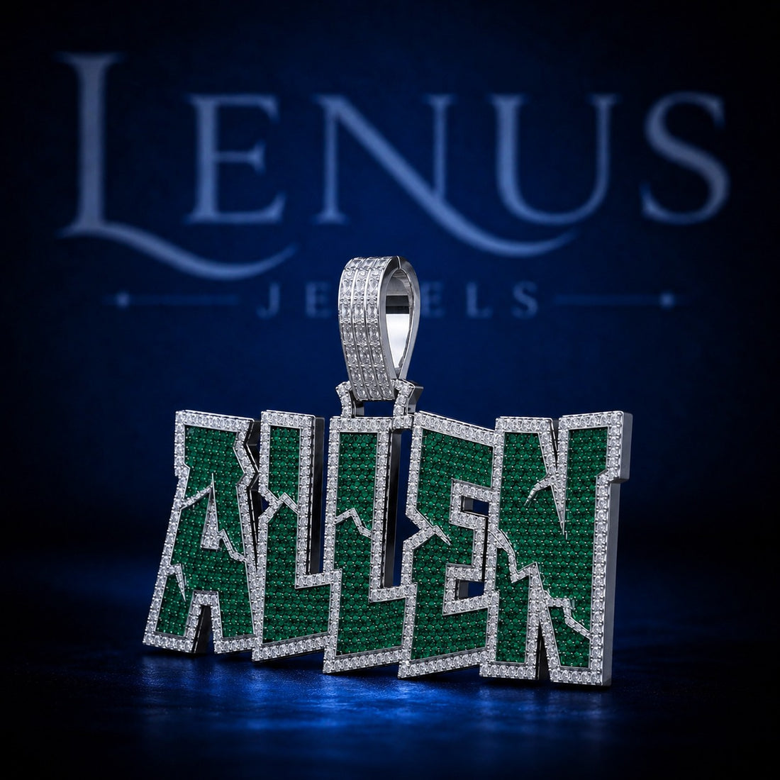 ALLEN Iced Out Green Moissanite Name Pendant – 925 Sterling Silver Custom Block Letter Hip Hop Jewelry with VVS Stones