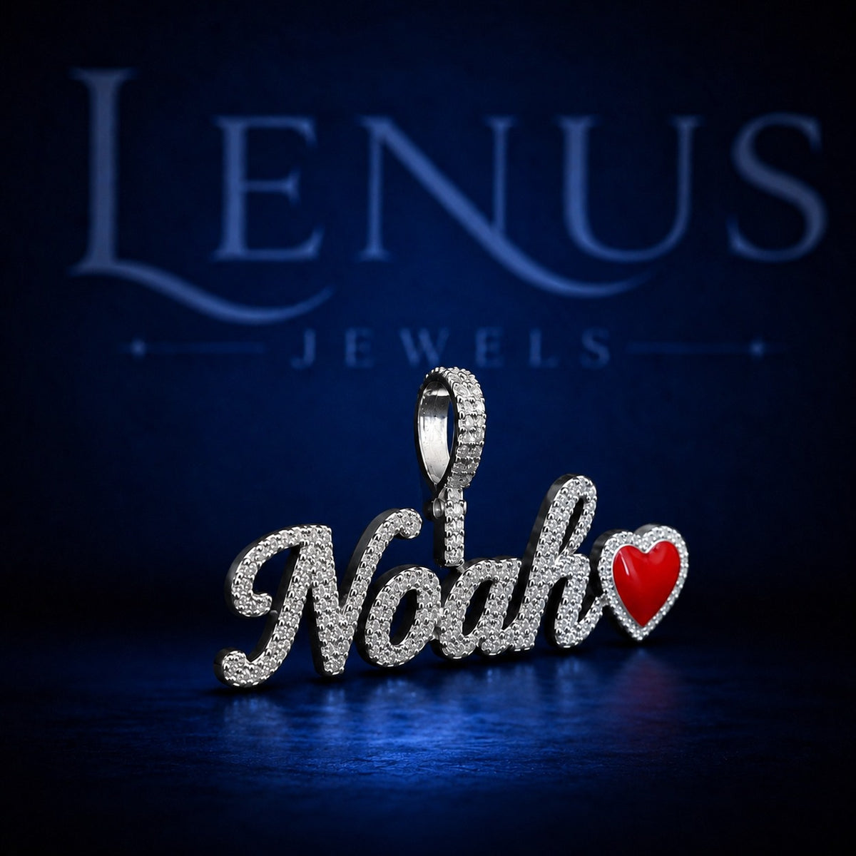 Noah Iced Out Moissanite Name Pendant with Red Heart – 925 Sterling Silver VVS Custom Script Hip Hop Jewelry