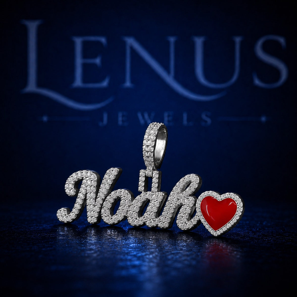 Noah Iced Out Moissanite Name Pendant with Red Heart – 925 Sterling Silver VVS Custom Script Hip Hop Jewelry