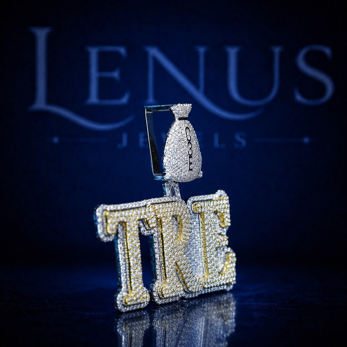 Custom TRE Iced Out Moissanite Pendant – 925 Sterling Silver VVS Two Tone Gold 3D Block Letter Nameplate with Money Bag Bail Hip Hop Jewelry