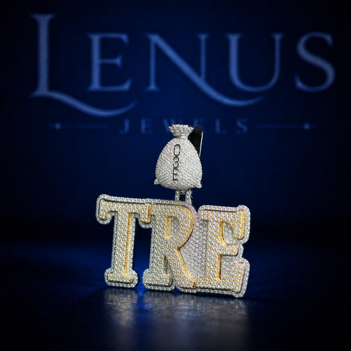 Custom TRE Iced Out Moissanite Pendant – 925 Sterling Silver VVS Two Tone Gold 3D Block Letter Nameplate with Money Bag Bail Hip Hop Jewelry