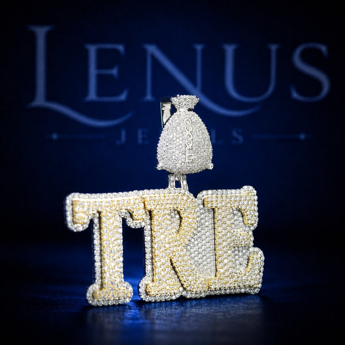 Custom TRE Iced Out Moissanite Pendant – 925 Sterling Silver VVS Two Tone Gold 3D Block Letter Nameplate with Money Bag Bail Hip Hop Jewelry