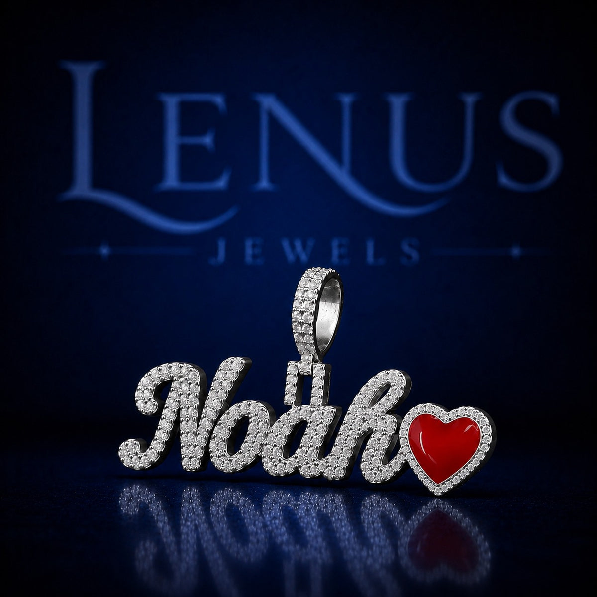 Noah Iced Out Moissanite Name Pendant with Red Heart – 925 Sterling Silver VVS Custom Script Hip Hop Jewelry