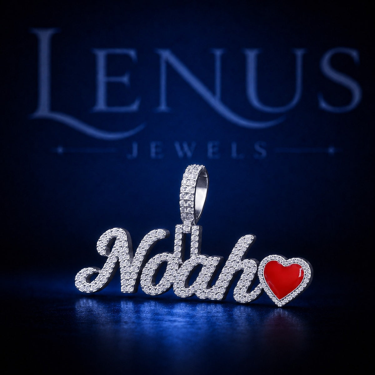 Noah Iced Out Moissanite Name Pendant with Red Heart – 925 Sterling Silver VVS Custom Script Hip Hop Jewelry