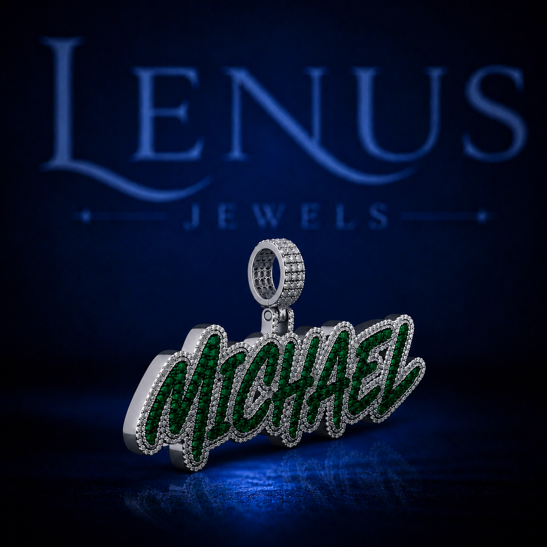 MICHAEL Iced Out Green Moissanite Name Pendant – 925 Sterling Silver VVS Custom Script Hip Hop Jewelry Diamond Tester Pass
