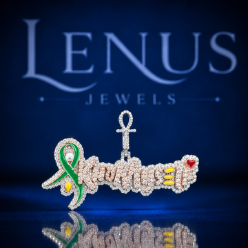 Custom Iced Out Moissanite Name Pendant – 925 Sterling Silver Ankh Cross, Green Awareness Ribbon, Heart & Enamel Hip Hop Jewelry