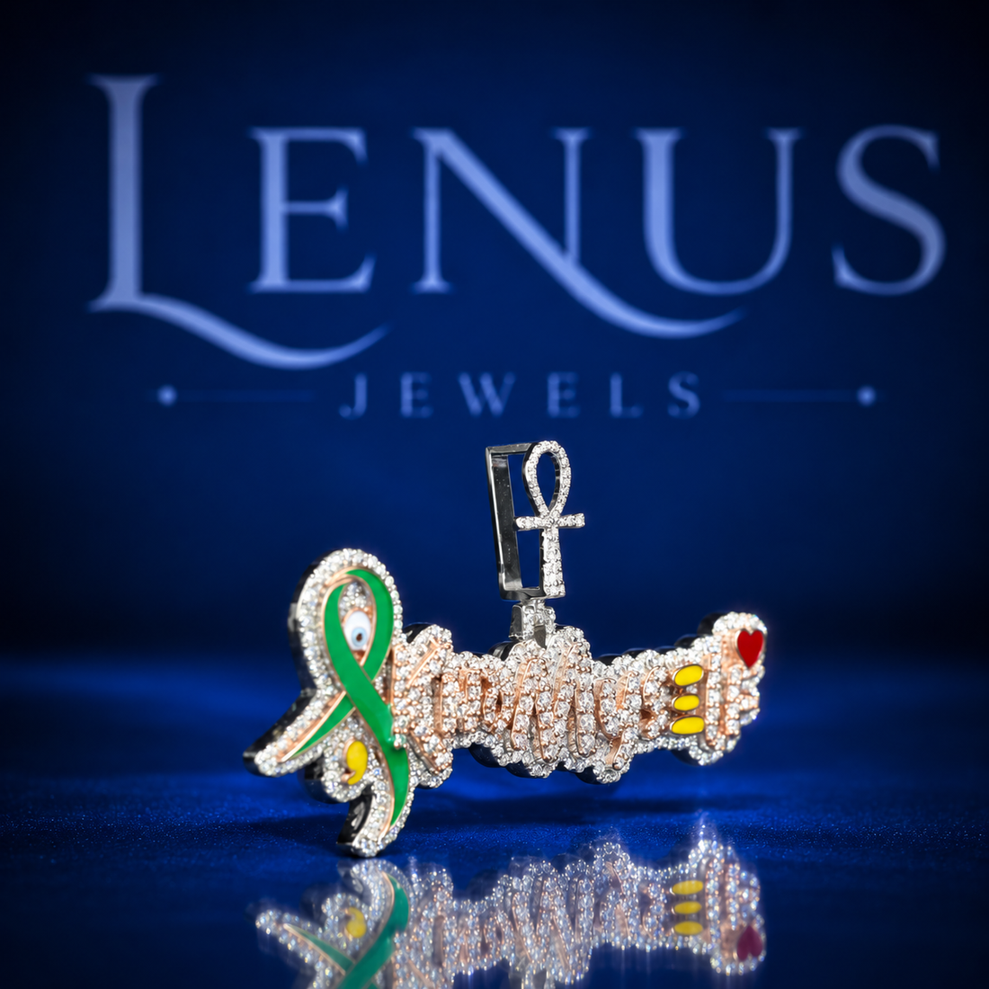 Custom Iced Out Moissanite Name Pendant – 925 Sterling Silver Ankh Cross, Green Awareness Ribbon, Heart & Enamel Hip Hop Jewelry
