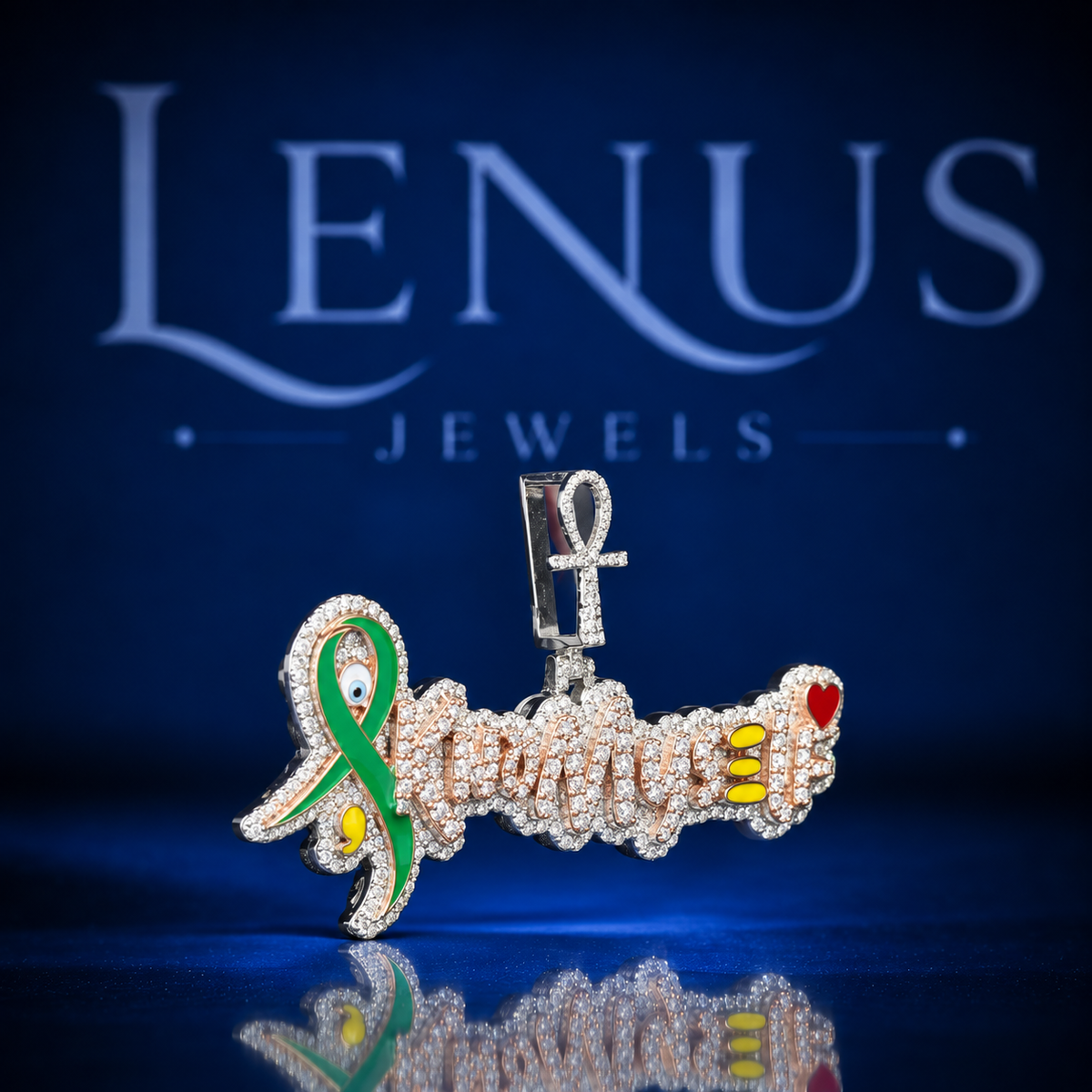Custom Iced Out Moissanite Name Pendant – 925 Sterling Silver Ankh Cross, Green Awareness Ribbon, Heart & Enamel Hip Hop Jewelry