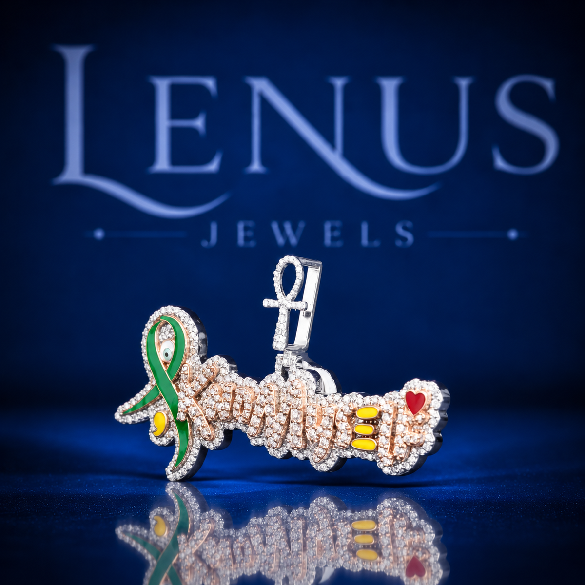 Custom Iced Out Moissanite Name Pendant – 925 Sterling Silver Ankh Cross, Green Awareness Ribbon, Heart & Enamel Hip Hop Jewelry