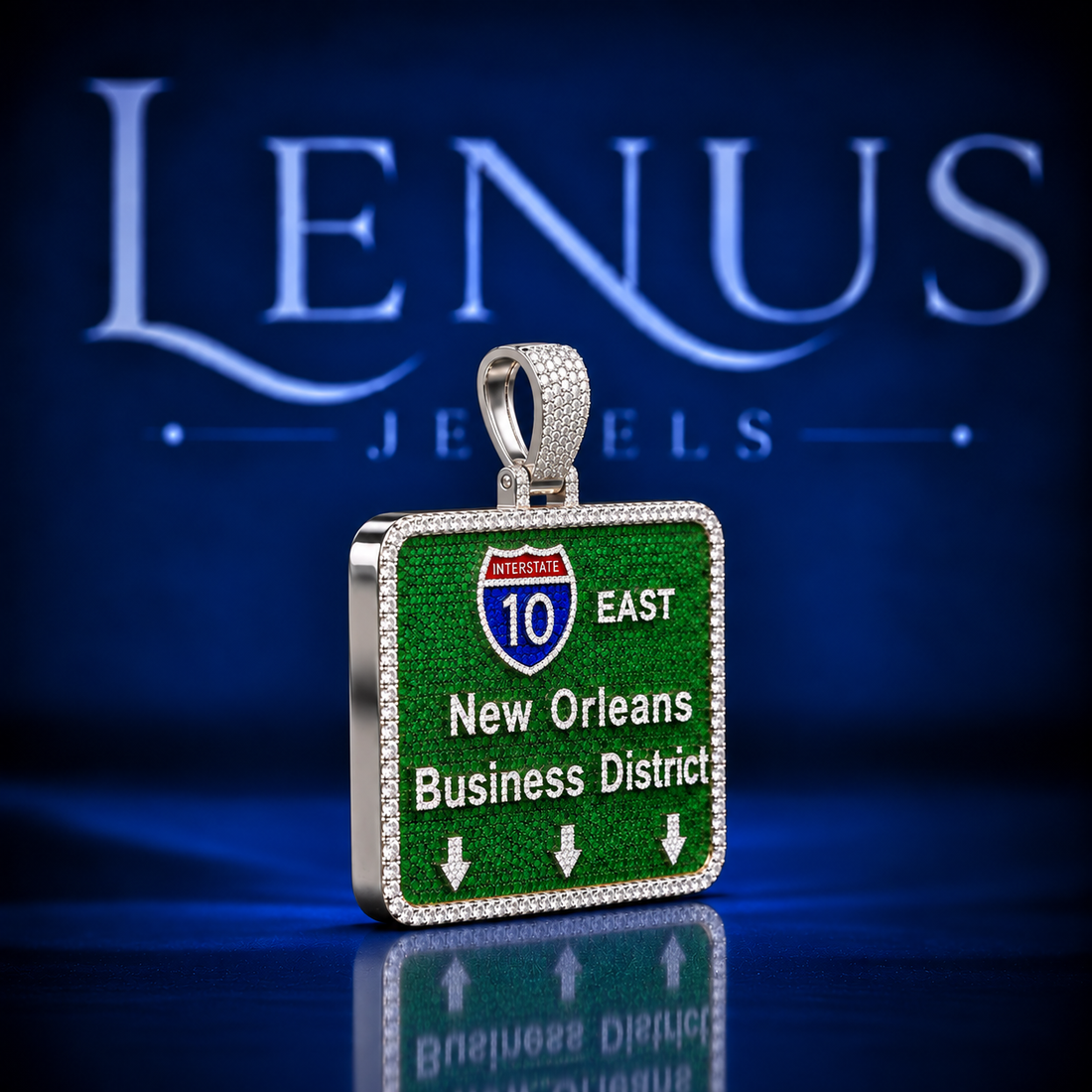 New Orleans I-10 Business District Moissanite Pendant – Iced Out Green Highway Sign 925 Sterling Silver Hip Hop Jewelry