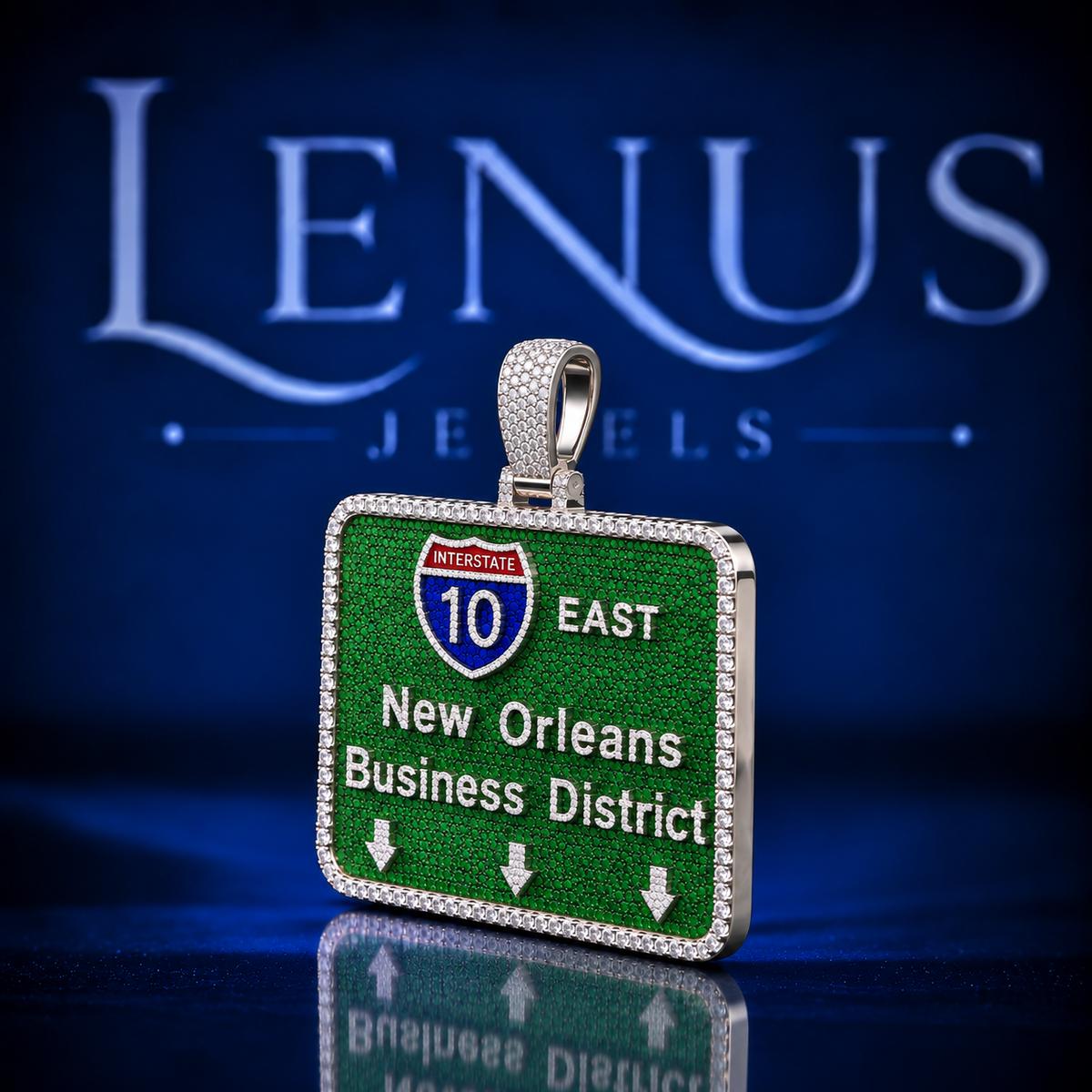 New Orleans I-10 Business District Moissanite Pendant – Iced Out Green Highway Sign 925 Sterling Silver Hip Hop Jewelry
