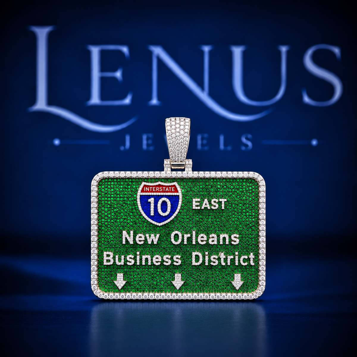 New Orleans I-10 Business District Moissanite Pendant – Iced Out Green Highway Sign 925 Sterling Silver Hip Hop Jewelry