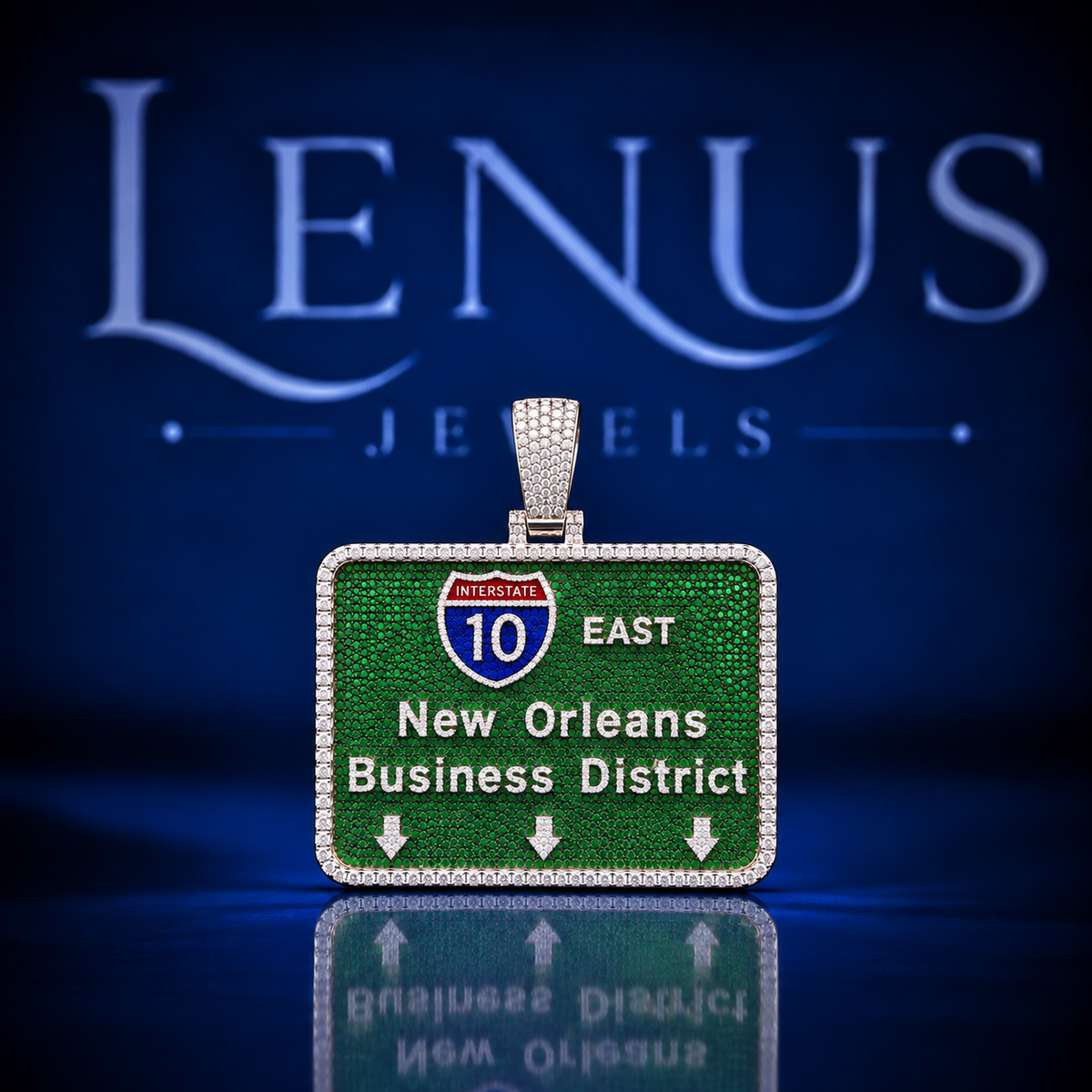 New Orleans I-10 Business District Moissanite Pendant – Iced Out Green Highway Sign 925 Sterling Silver Hip Hop Jewelry