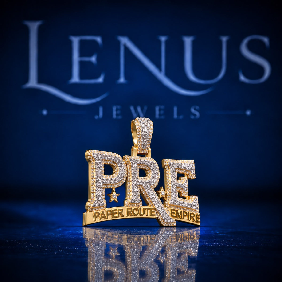 Custom PRE Paper Route Empire Iced Out Moissanite Pendant – VVS D Color 925 Sterling Silver, Hip Hop Logo Pendant, Gold Tone Jewelry