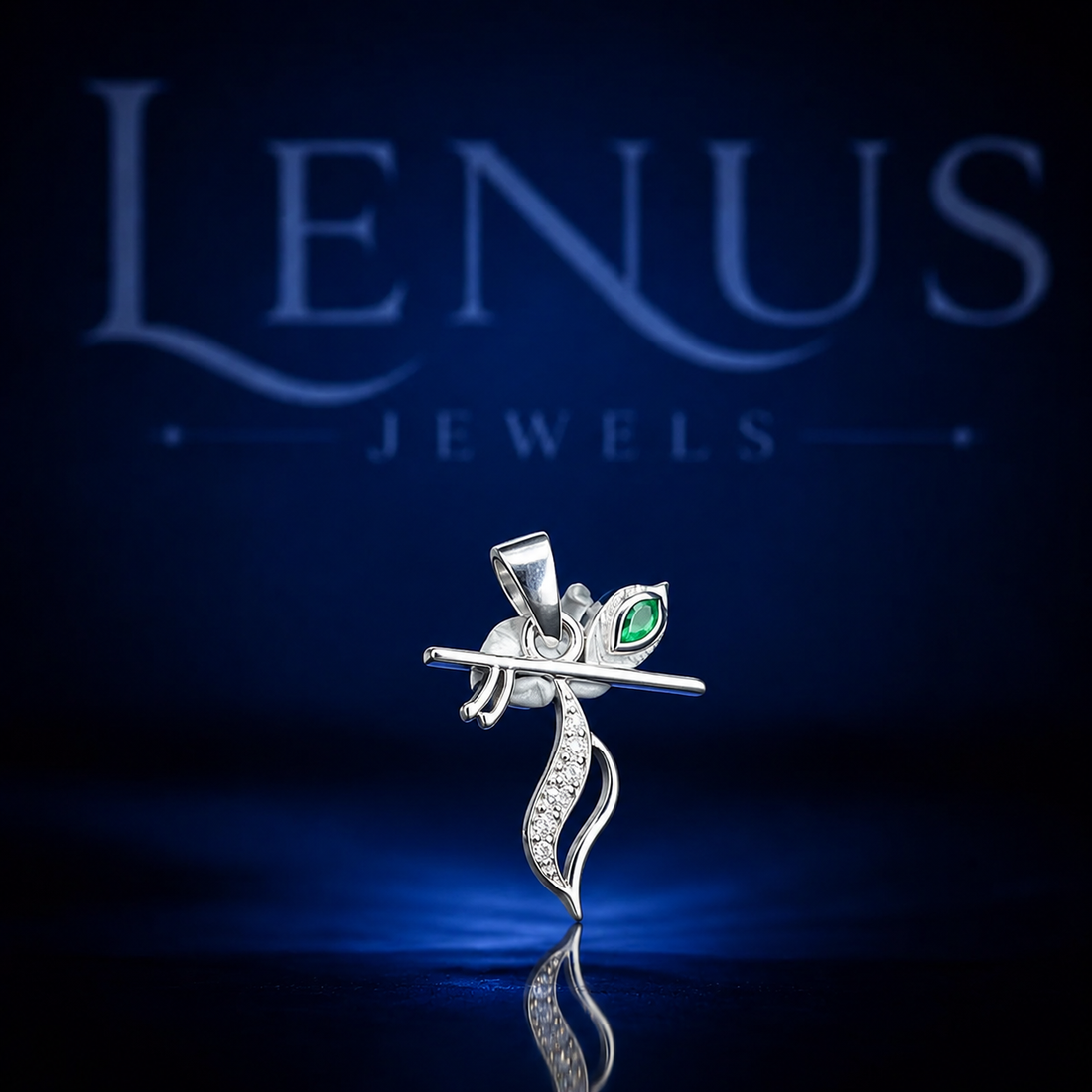 Lord Krishna Flute Pendant with Emerald Green Stone – 925 Sterling Silver VVS Moissanite Hindu Religious Jewelry, Spiritual Gift